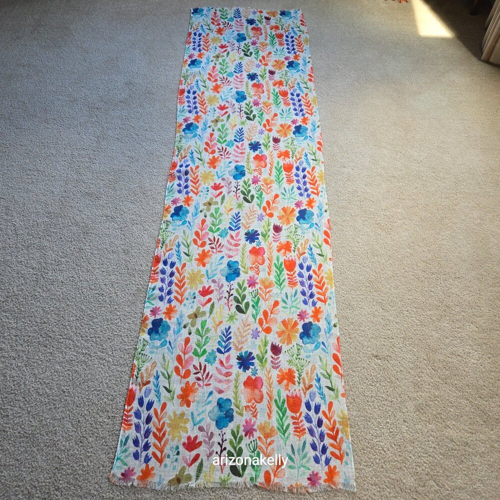 NWOT Linen Scarf Watercolor Flowers Colorful Art - Picture 2 of 10